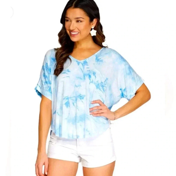 NWT She + Sky Drop Shoulder V Neck Tie Dye Knit Top Blue Short Sleeve (S, M, L) - Picture 1 of 3